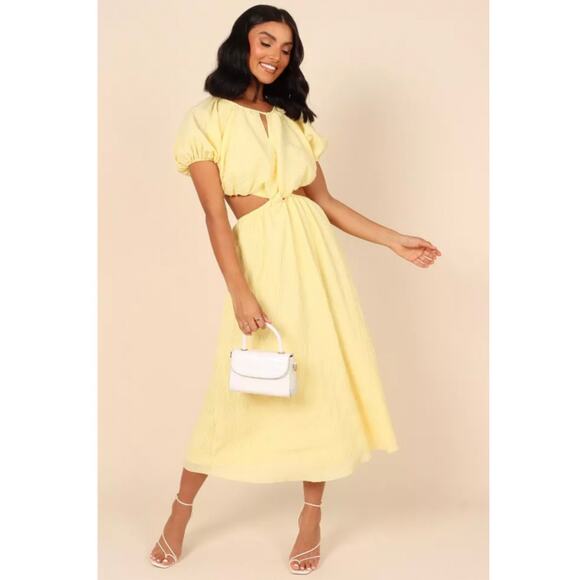 Petal & Pup Dresses & Skirts - Petal + Pup Butter Yellow Puff Sleeve Midi Length Milk Maid Cut Out Back Dress